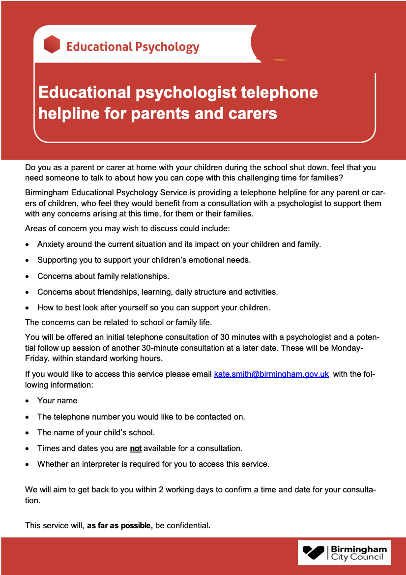 North Parent Telephone Support Line Advert